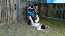 Slave torment of the jeans and rubber boot mistress in the stable
