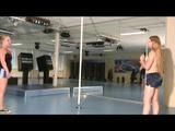 Katharina and Jenny during their pole training in the fitness studio wearing sexy shiny nylon shorts and tops (Video)