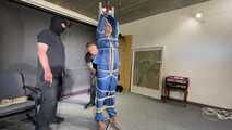 Ms ungeniert tied, gagged, suspended ind a shiny nylon Rainsuit and finally bullwhipped