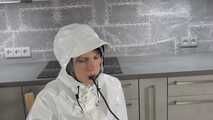 Miss Petra in nylon rain suit and heavy farmerrain rain gear and selfgagging