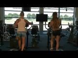 Katharina and Jenny in the fitness studio wearing sexy shiny nylon shorts and tops (Video)