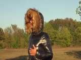 Watch Sandra enjoying her shiny nylon Downjacket at very warm Wearther outside