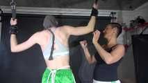 ***RONJA*** being tied and gagged overhead with ropes and a special combination of nylon over head and tape gagg from STELLA both wearing sexy shiny nylon shorts and tops (Video)