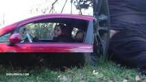 Mistress Cleo smokes and smashes balls with a car CBT A picture in a picture version