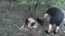 Blonde slave girl disgust challenge, pet training and feeding in the forest