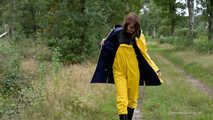 Miss Petra goes for a walk in friesennerz, yellow rain dungarees and rubber boots