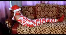 Bekki - Mummified for Christmas in red and white tape (video)