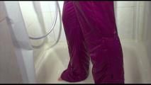 Sonja tied and gagged in and on  a shower wearing a supersexy oldschool pink/purple shiny nylon downwear combination (Video)