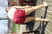 Watching sexy SANDRA wearing a supersexy special red shiny nylon shorts and a white top sweeping the terrace in the SUN enjoying the shiny weather (Pics)