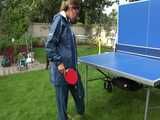 Watch Sandra playing Table Tennis in her oldschool Rainsuit