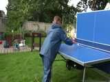 Watch Sandra playing Table Tennis in her oldschool Rainsuit