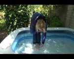 PIA wearing a hot black shiny nylon pants and a blue/black shiny down jacket taking a bath in the swimming pool (Video)