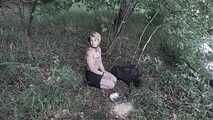 Blonde slave girl disgust challenge, pet training and feeding in the forest