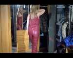 SANDRA putting on a sexy shiny nylon crazy sensation down suit infront of the mirror (Video)