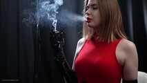 Long gloves, red dress, smoking two 100mm Reds