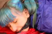 Mara tied and gagged on a princess bed in an old cellar wearing an supersexy shiny green nylon shorts and a blue rain jacket (Pics)
