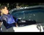 PIA wearing a hot black shiny nylon pants and a blue/black shiny down jacket taking a bath in the swimming pool (Video)
