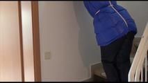 Jill tied, gagged and hooded in a stairway with cuffs wearing a sexy blue PAMY jacket and a rain pants (Video)