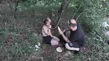 Blonde slave girl disgust challenge, pet training and feeding in the forest