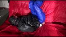 Sonja wearing a sexy blue raver shiny nylon pants and a black down jacket being tied, gagged and hooded on a sofa with ropes (Video)