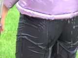 Watch Sandra taking a shower in her new purple shiny nylon down jacket 