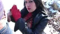 Black Red Leather Sucking Bitch - Outdoor Blowjob & Handjob with Red Leather Gloves