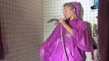 Watching Sandra wearing only a pink shiny nylon raincape under the shower playing with the water (Video)