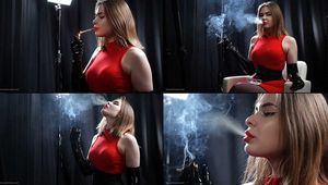 Long gloves, red dress, smoking two 100mm Reds