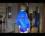 Sonja during her workout on the crosstrainer wearing a supersexy purple adidas shiny nylon shorts and a blue rain jacket (Video)