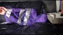 SANDRA tied and gagged with tape on a sofa wearing a sexy black shiny nylon pants and a purple rain jacket (Video)