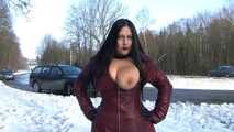 Leather Coat Flashing in Public - Blowjob & Handjob with Leather Gloves