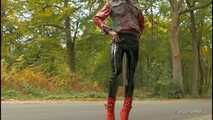 Black gloss leggings and red boots