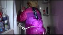 Sonja tied and gagged in and on  a shower wearing a supersexy oldschool pink/purple shiny nylon downwear combination (Video)