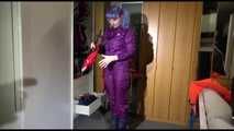 Watching Mara while she tidies up the ropes wearing a sexy purple shiny rain pants and a rain jacket (Video)