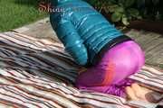 Watching sexy Sandra wearing a purple rain pants and a green down jacket during her sun bath and watering her garden (Pics)