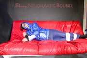 ***DESTINY***HOT HOT HOT tied and gagged with tape and cloth gag on a sofa wearing an sexy oldschool skisuit and a down jacket (Pics)