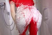 Sonja taking a shower after messy up her shiny nylon jumpsuit with shaving cream (Video)