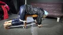 Watching sexy Sandra wearing a sexy blue shiny nylon pants and a rain jacket being tied and gagged with ropes and a clothgag on a stool (Video)