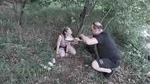 Blonde slave girl disgust challenge, pet training and feeding in the forest