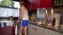 Watching ***OUR SEXY PIA*** wearing a sexy blue striped shiny nylon shorts and a white tshirt  posing for you in the kitchen doing her housework (Video)
