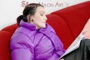 SEXY JILL lounging on the sofa wearing a sexy black shiny nylon rain pants and a purple shiny nylon down jacket (Pics)