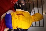 Sonja wearing a sexy blue shiny nylon shorts and a yellow rain jacket preparing her bed (Pics)