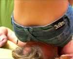 Miss July's Jeans-hotpants on a happy face