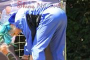 Mara playing soccer in the sun wearing a blue rainwear combination (Pics)