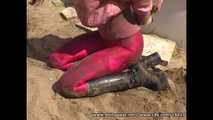 Ewa - public tied in Wet and Messy shiny Spandex leggings and downjacket