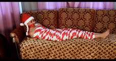 Bekki - Mummified for Christmas in red and white tape (video)