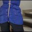 Jill tied, gagged and hooded in a stairway with cuffs wearing a sexy blue PAMY jacket and a rain pants (Video)