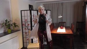 Miss Francine is bound and gagged in her nice tight PVC pants covered with a transparent raincoat