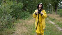 Miss Petra goes for a walk in friesennerz, yellow rain dungarees and rubber boots
