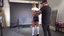 Ms Ungeniert bound, suspendet and whipped at the end, in shiny nylon Shorts 1/2